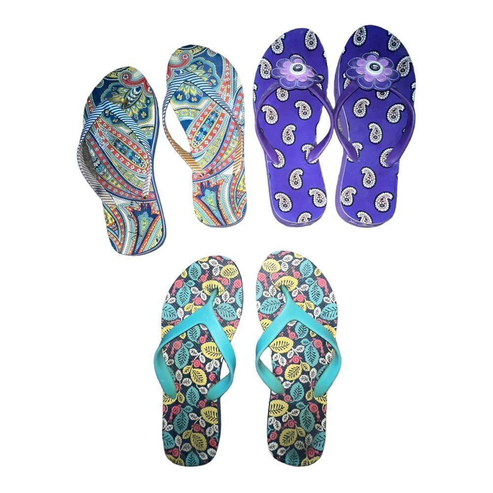 Vera Bradley Lot of Three Flip Flops Med 7-8 Happy Snails Marina Paisley Violet